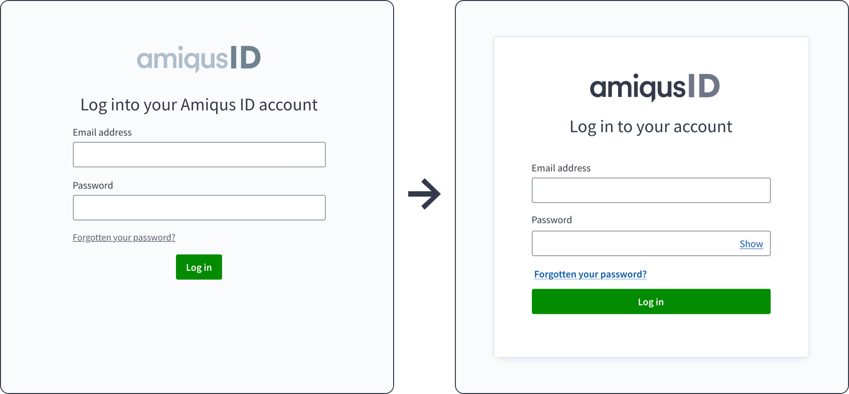 Amiqus login screen, before and after