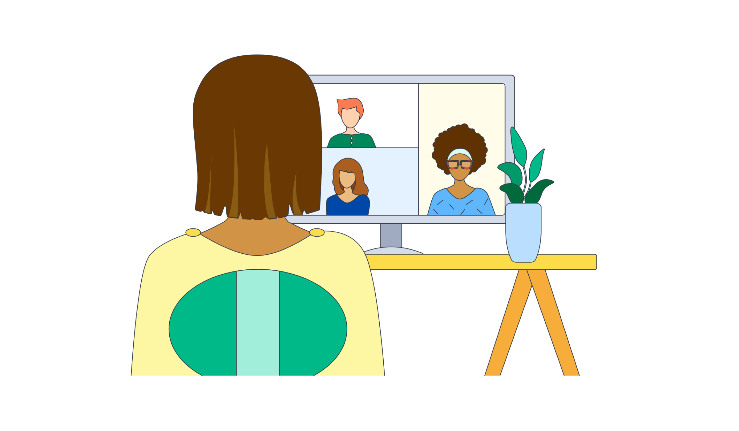Illustration of a woman in front of a computer using video conference software