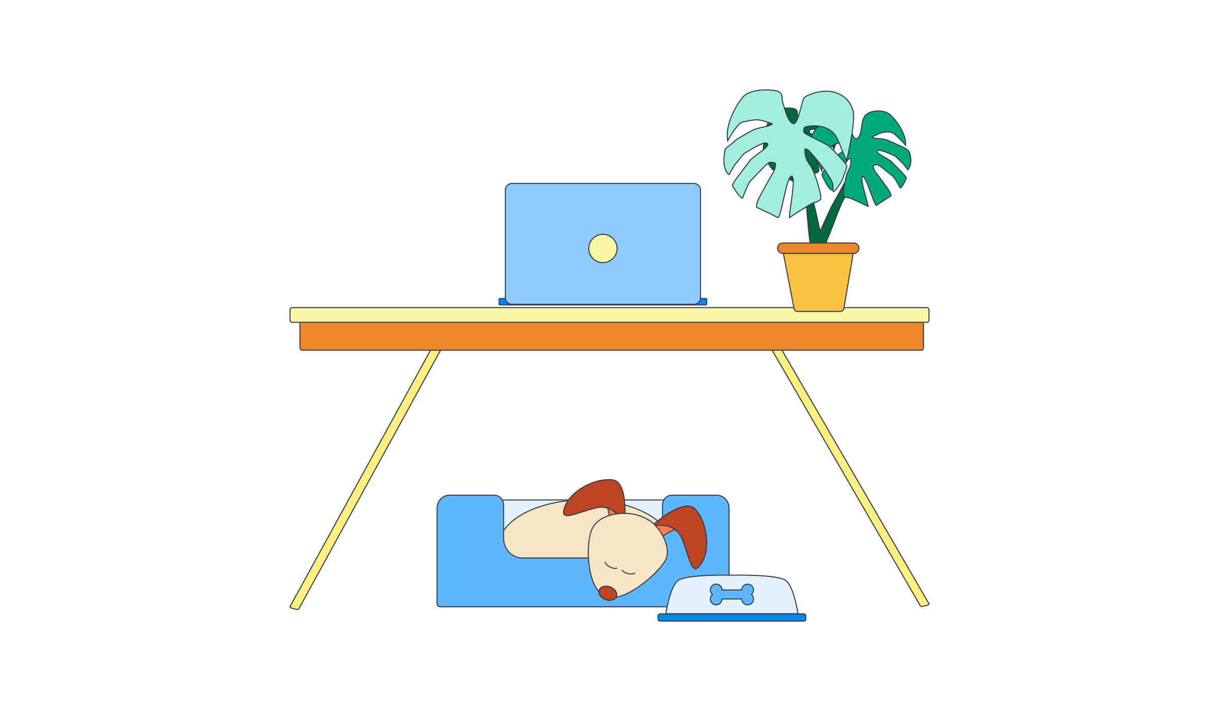 Illustration of desk with dog underneath