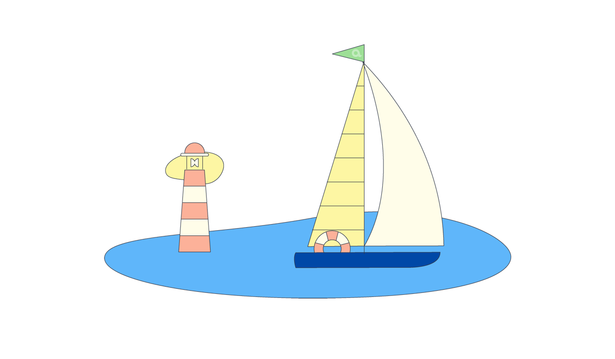 Illustration of a sail boat on a lake with a light house