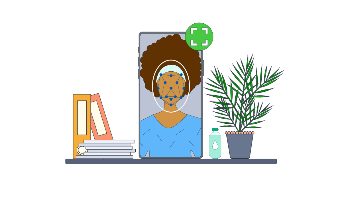 biometric scan image of a woman on a phone screen which is placed on a desk that has a plant, a water bottle and some documents