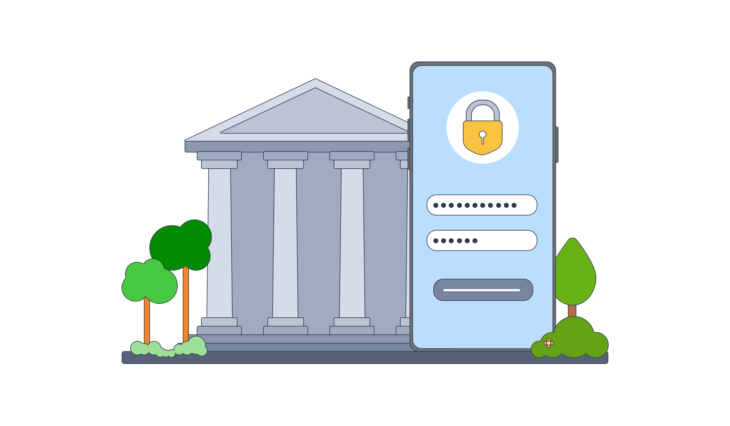 Image of a bank and a mobile with banking login details