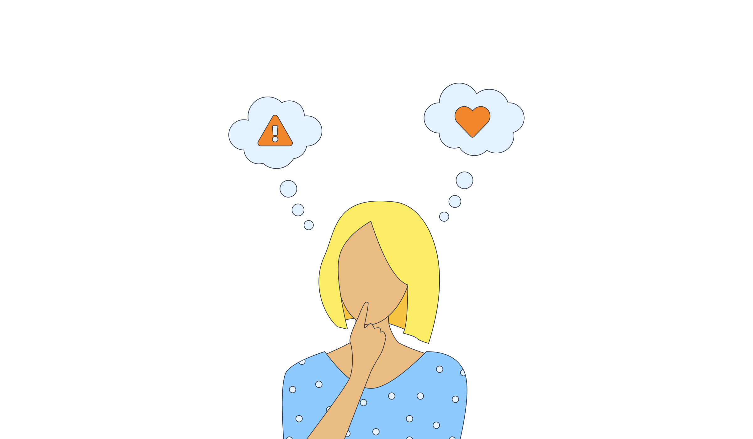 Illustration of a women in a thinking pose with two thought bubbles over her head. One with an alert symbol and one with a heart icon.