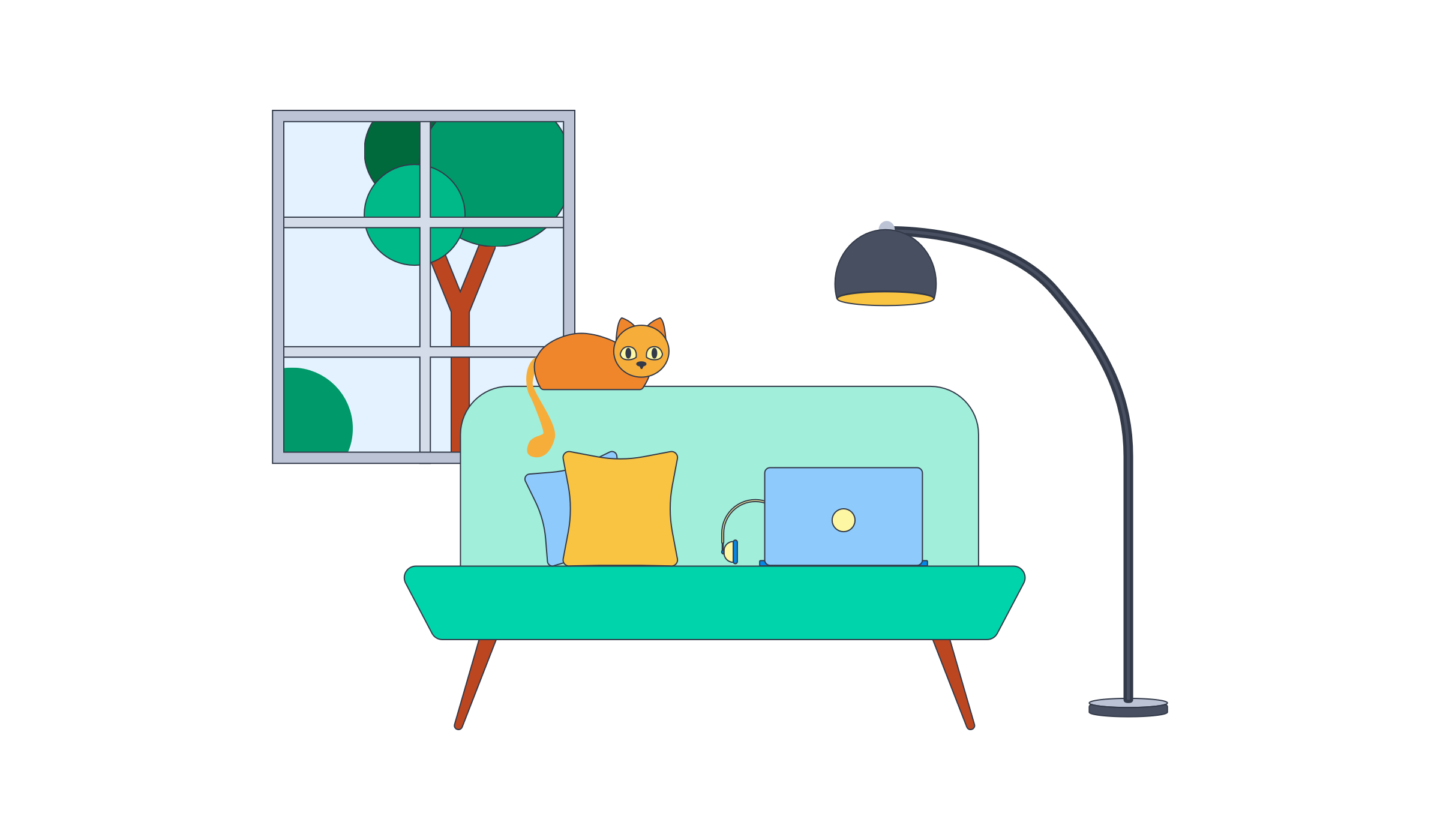 Illustration of a living room with laptop and cat